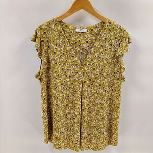 Beacon Apparel Pullover Blouse Size XL Green White Floral Print Ruffle Sleeve